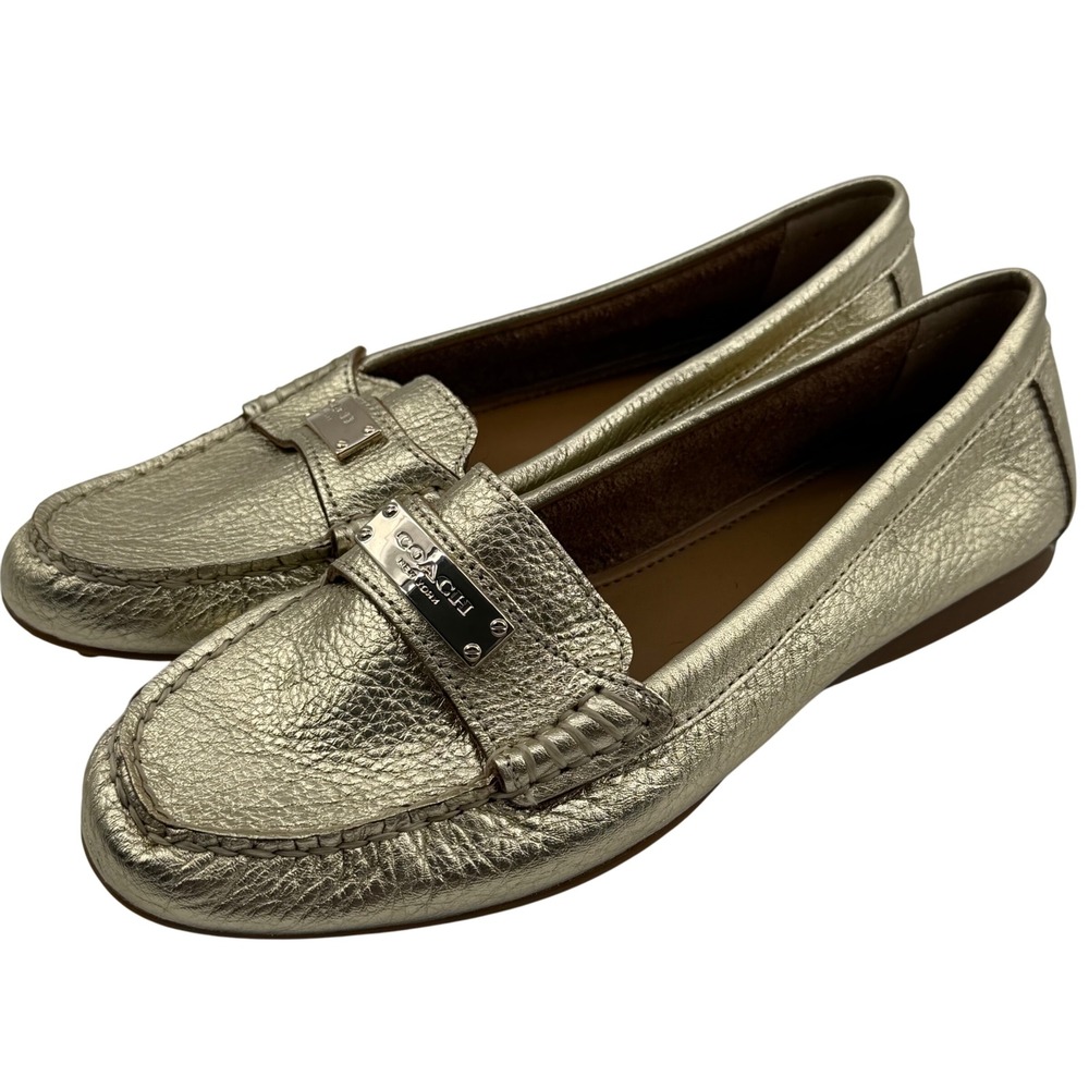 COACH Fredrica Gold Metallic Leather Loafers Size 6.5B Slip On Comfort Shoes